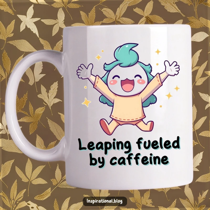 Funny mug showing a character leaping joyfully with arms spread wide, surrounded by shimmering sparkles, radiating pure happiness.