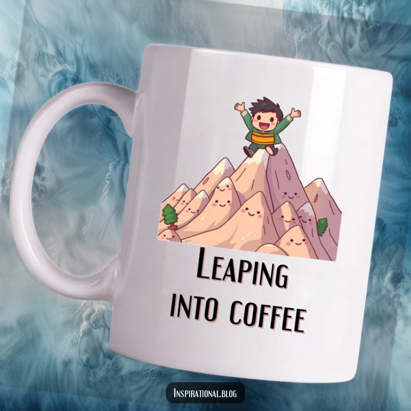 Funny mug showing a joyful character leaping energetically over a pile of smiling, stylized mountains. Uplifting and adventurous design.