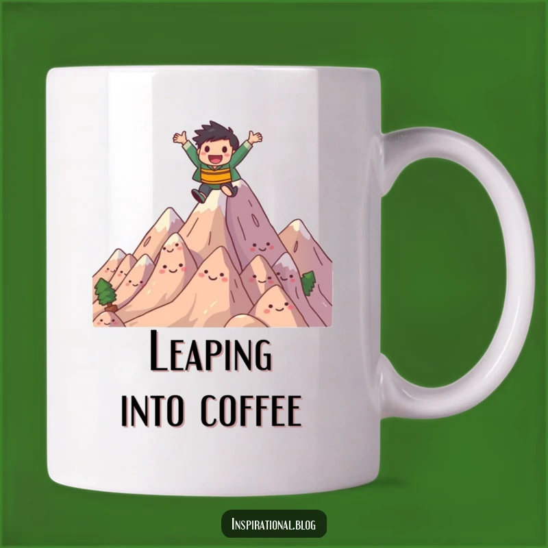 Funny Mountain Leap Mug - Joyful Character Leaping Over Smiling Mountains Gift