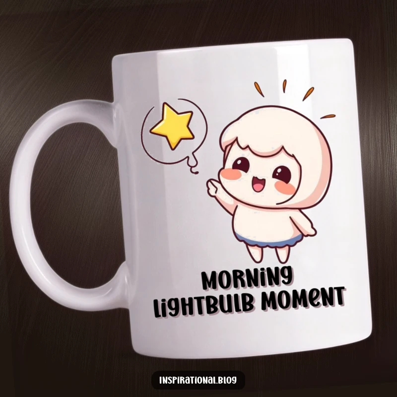 Funny mug showing a cute character excitedly pointing at a bursting star, with a thought bubble above their head. Inspiring design.