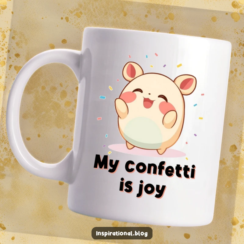 Funny Mug: A small, round creature gleefully throws confetti, giggling with infectious delight, spreading joy and celebration.