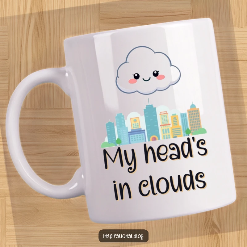 Funny mug featuring a beaming cloud character floating contentedly above a stylized cityscape, radiating happiness and optimism.