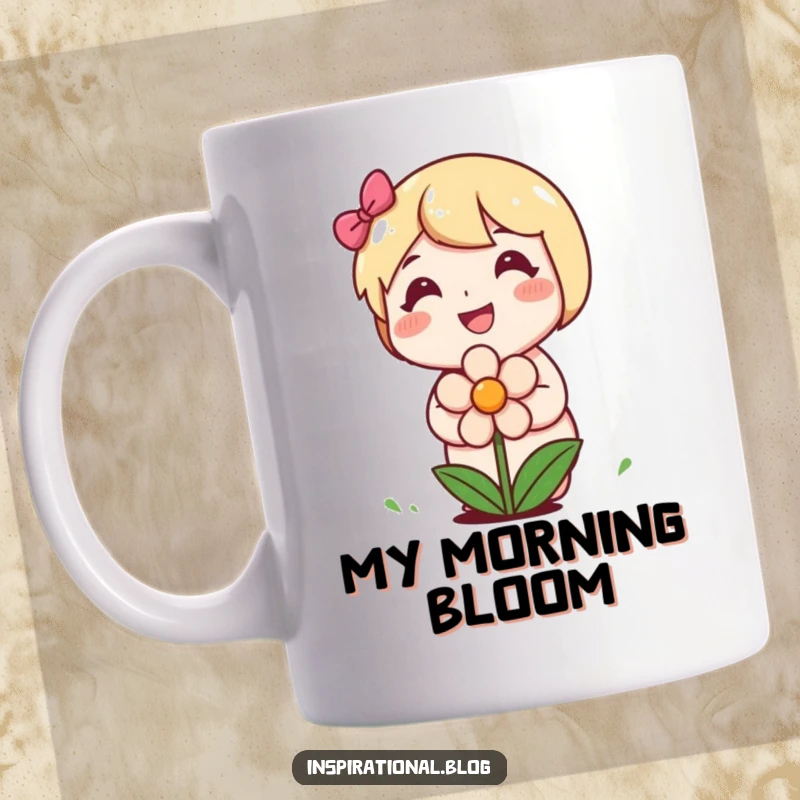 Funny mug featuring a happy character planting a smiling flower, symbolizing growth and cheerful optimism.