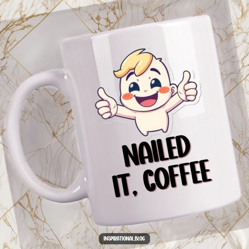 Funny Mug: A tiny, energetic character beams with a wide grin, giving a double thumbs-up of approval.