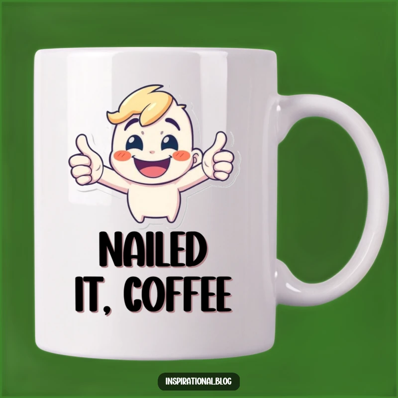 Funny Double Thumbs-Up Mug: Energetic Character's Grin and Approval, Perfect Cheer Gift!