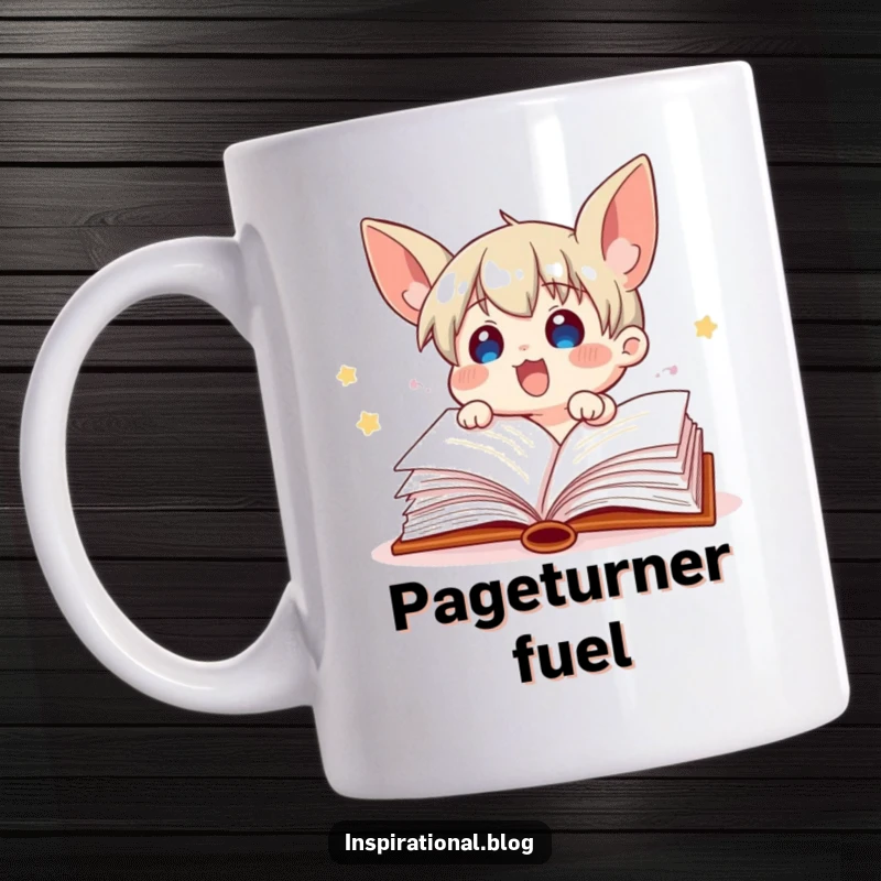 Funny, excited book character with its pages fluttering wildly, symbolizing pure reading joy, on a ceramic mug.