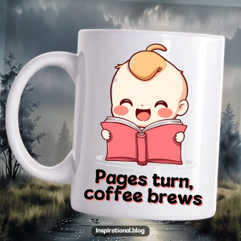 Funny mug featuring a smiling book character with its pages fluttering open in pure excitement and joy.
