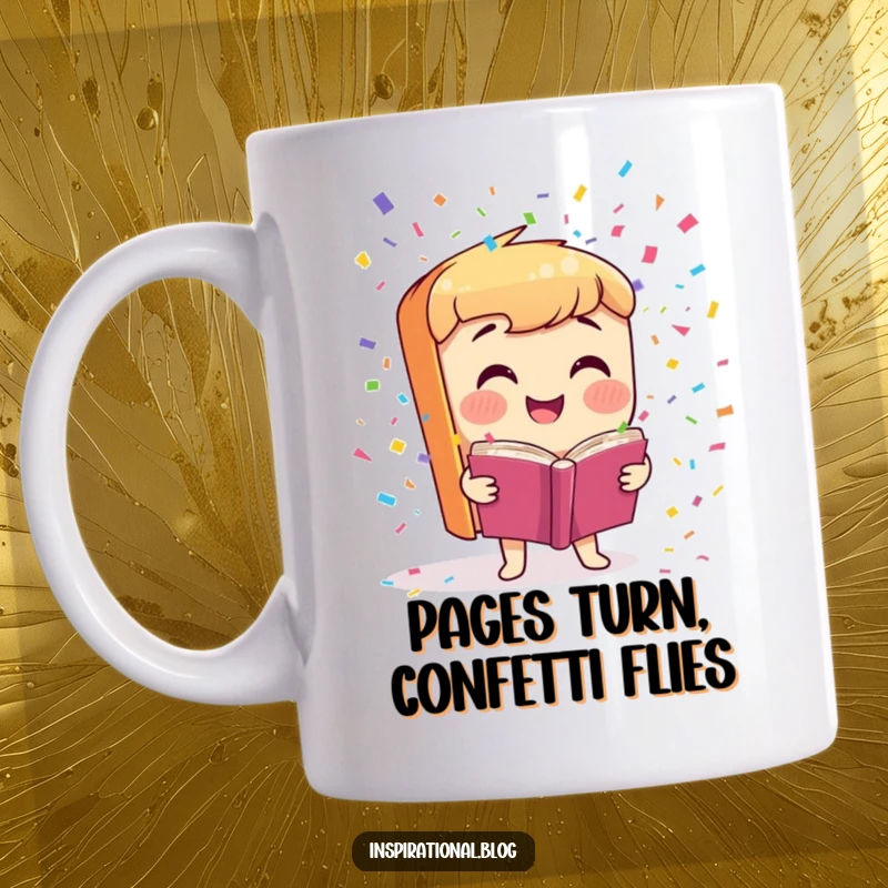 Funny Mug featuring a smiling book character joyfully launching colorful confetti, perfect for book lovers and celebrations.