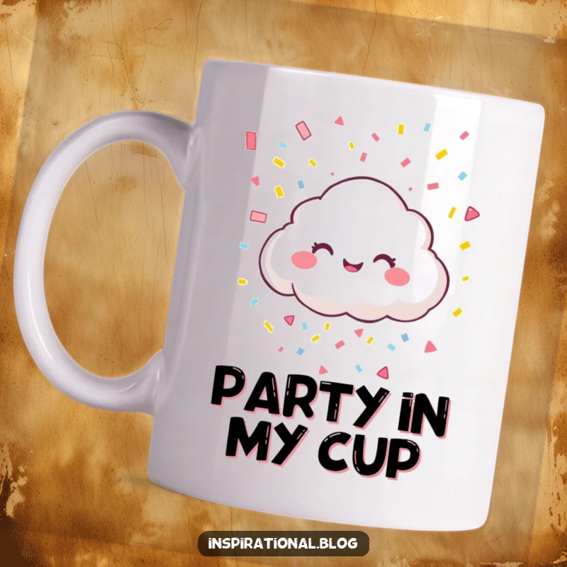 Funny mug featuring a giggling cloud character raining colorful confetti, spreading cheer and festive vibes.