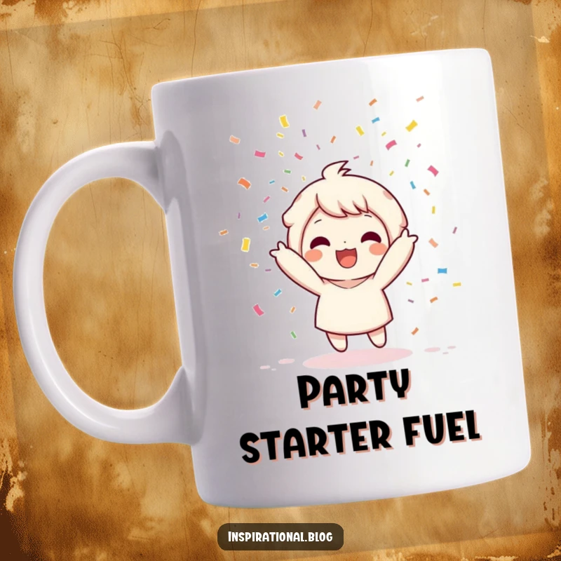 Funny mug showing a kawaii character gleefully exploding a confetti bomb, showering colorful paper pieces everywhere.