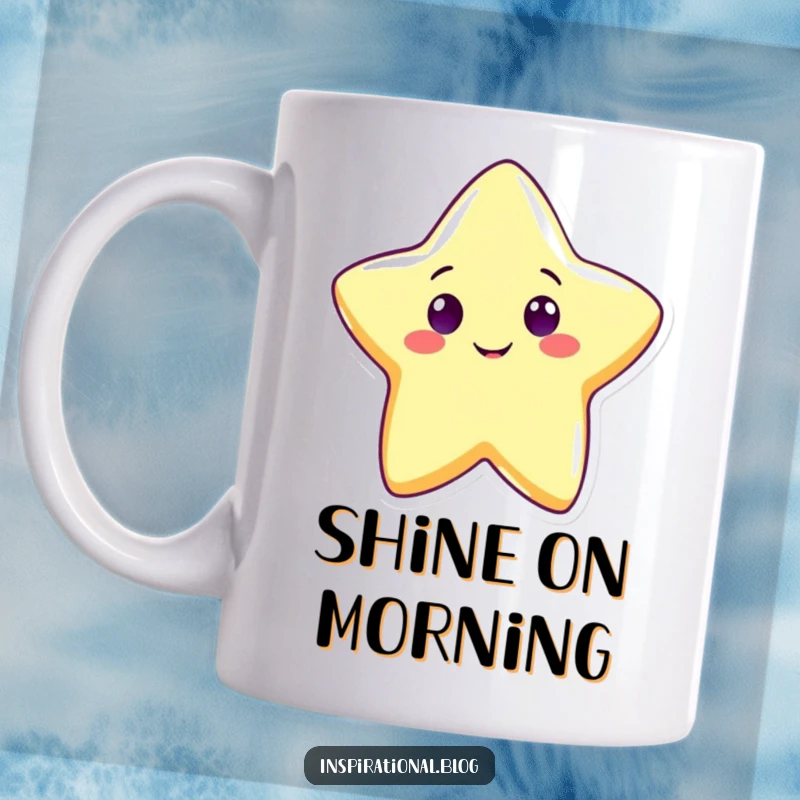 Funny cute star mug depicting a cheerful star character shining brightly with a wide, happy grin and radiating positive energy.