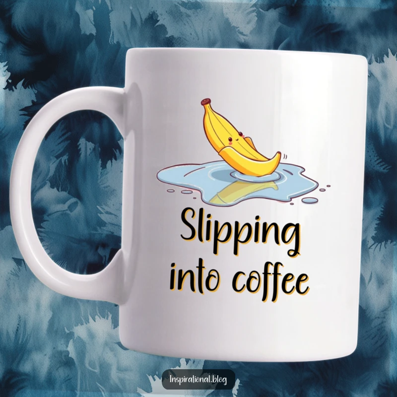 Funny mug depicting a banana peel comically slipping on a puddle, conveying slapstick humor and a warning to be careful.