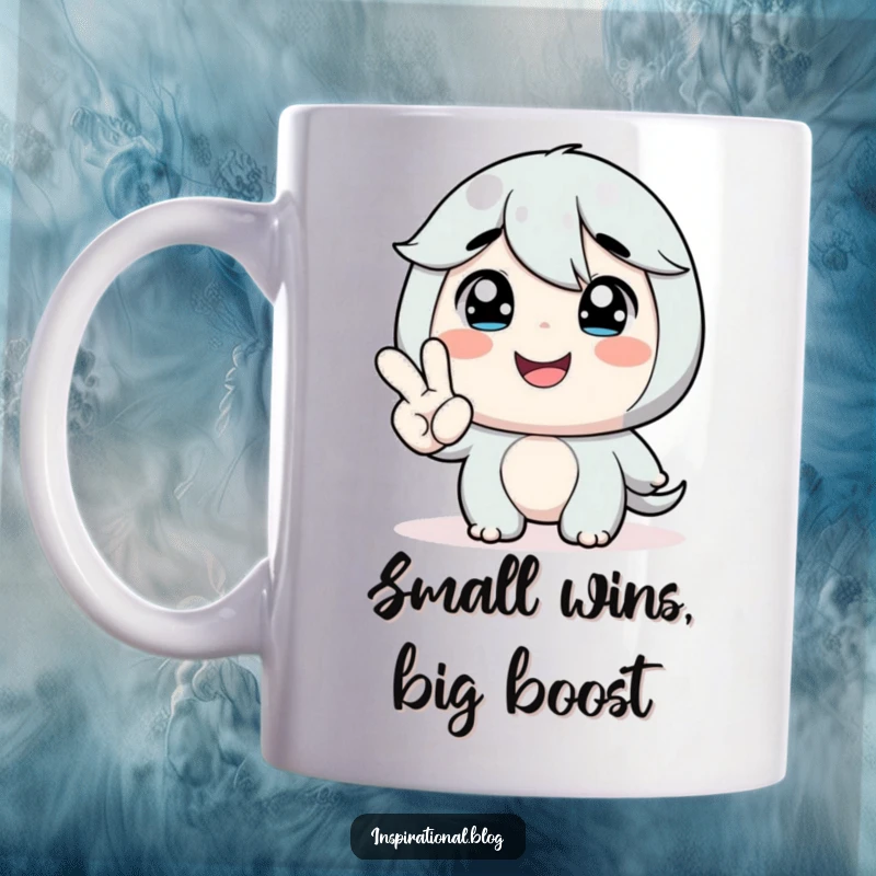 Funny mug featuring a character smiling warmly as they receive a tiny, encouraging hand offering gentle support and positivity.