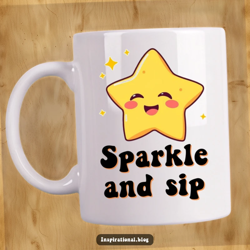 Funny mug featuring a laughing star character twinkling with pure joy, radiating cosmic happiness and light.