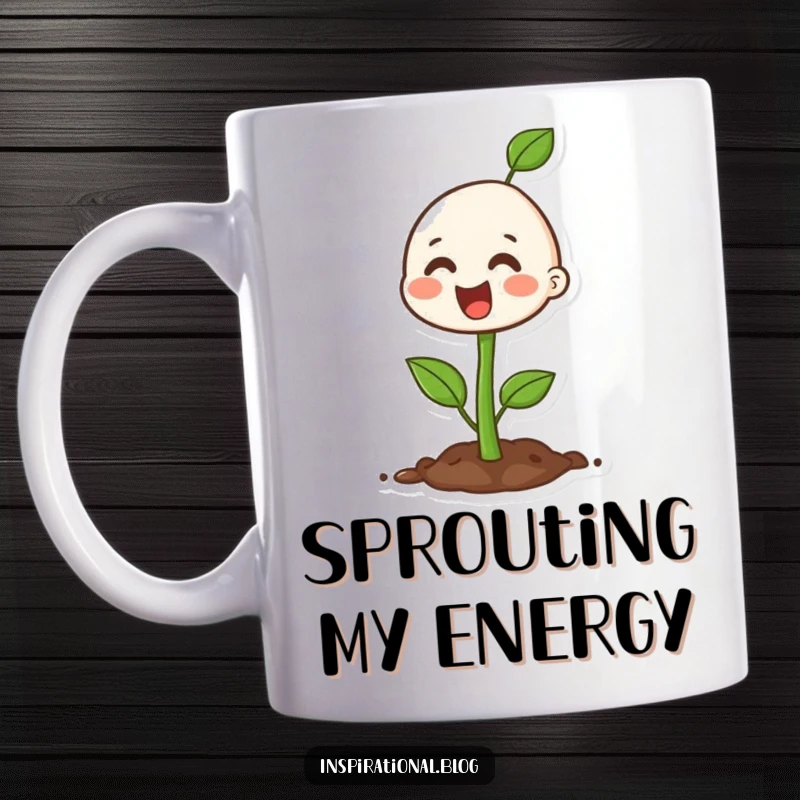 Funny happy seedling character joyfully bursting with growth on a mug, symbolizing potential and happiness.
