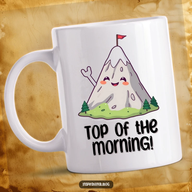 Funny mug featuring a smiling mountain character cheerfully waving with a small flag planted on its peak.
