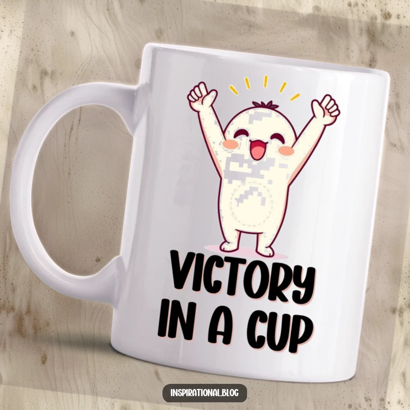 Funny mug showing a kawaii character striking a triumphant pose with arms raised in the air, celebrating a victory.