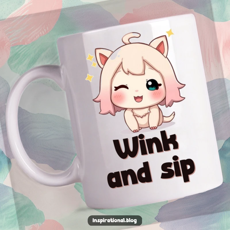 Funny mug of a small character giving a playful, sparkly wink accompanied by a happy, contented sigh.