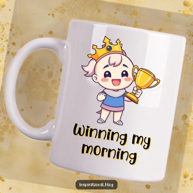 Funny mug depicting a proud character beaming while holding up a shining trophy, celebrating achievement and victory.
