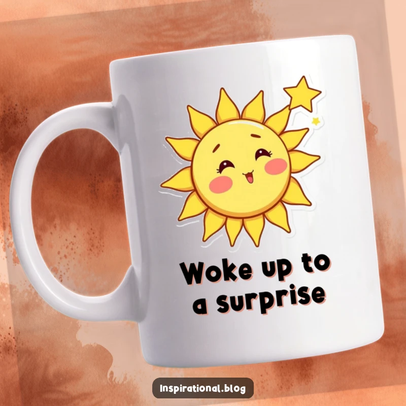 Funny sun mug, bright sun character with rosy cheeks surprised by a shooting star, celestial cartoon art, wonder.
