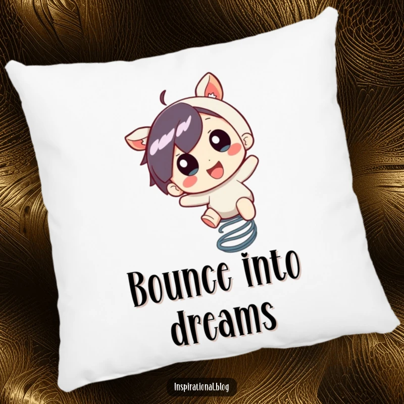 Funny Pillow: A little character bounces on a spring with pure excitement, bringing cheerful energy to comfort.