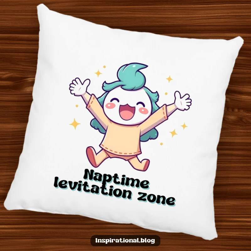 Funny pillow displaying a character in a mid-air leap, arms wide, adorned with sparkling confetti for a touch of joy.