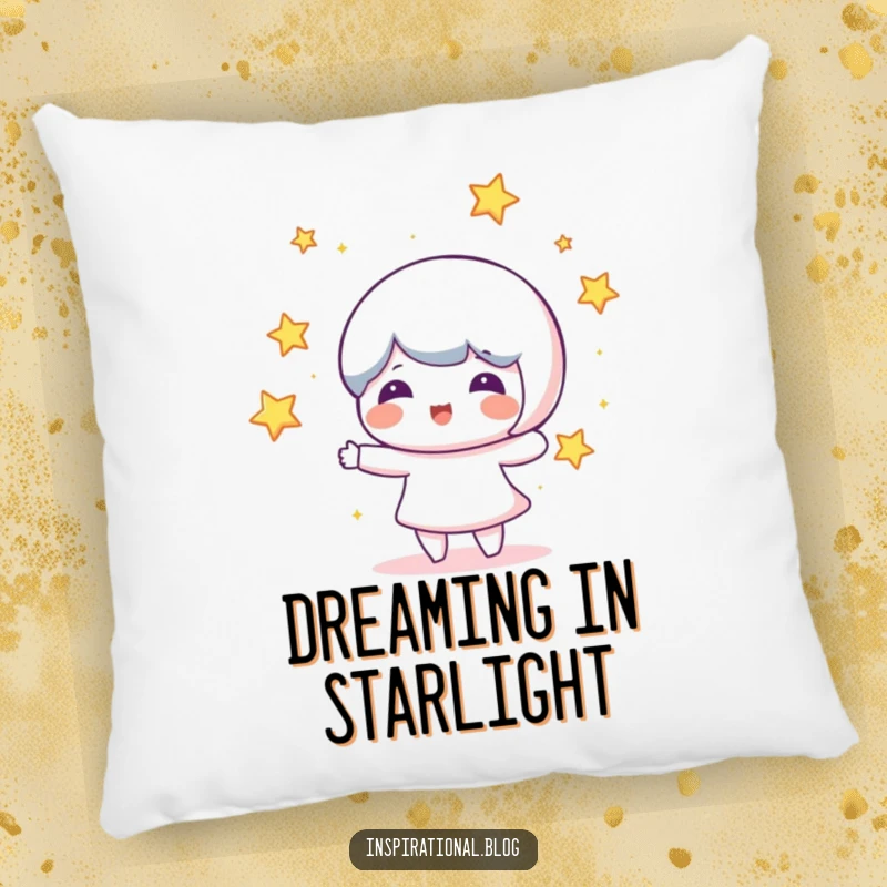 Funny pillow with a beaming character juggling luminous stars, offering comfort and a touch of whimsical, cosmic fun.