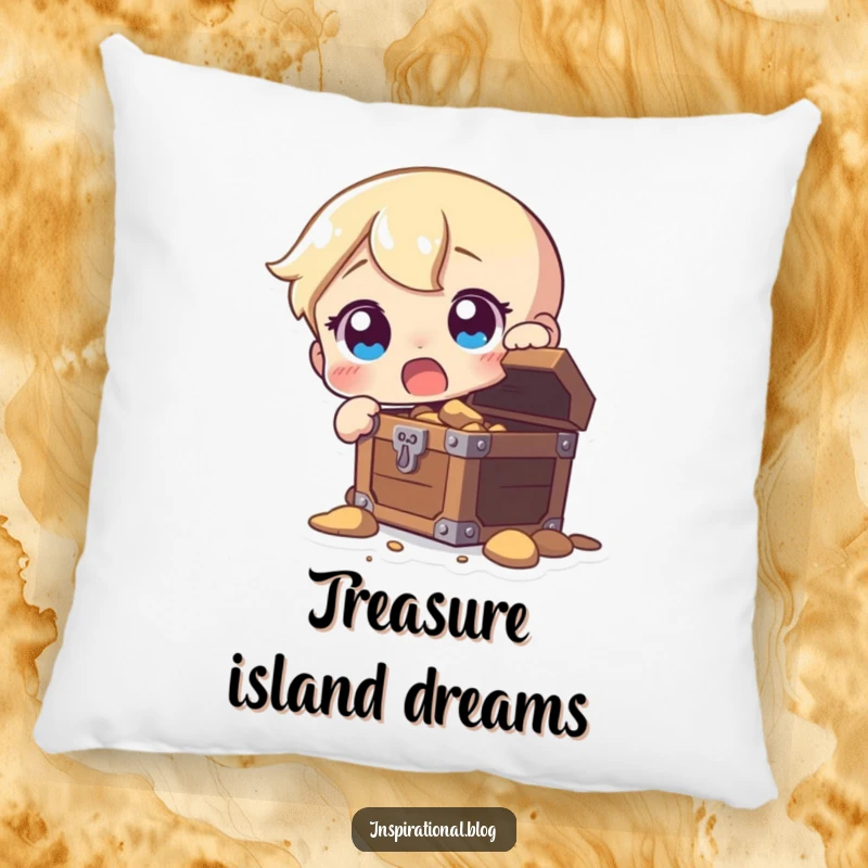 Funny pillow depicting a character's amazed expression upon discovering a hidden treasure chest overflowing with goodies.