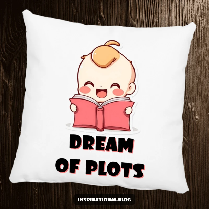 Funny pillow featuring a smiling book character with pages fluttering open, embodying the joy of discovery.