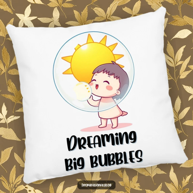 Funny character blowing a giant bubble reflecting a smiling sun, featured on a soft pillow for cozy comfort and cheer.