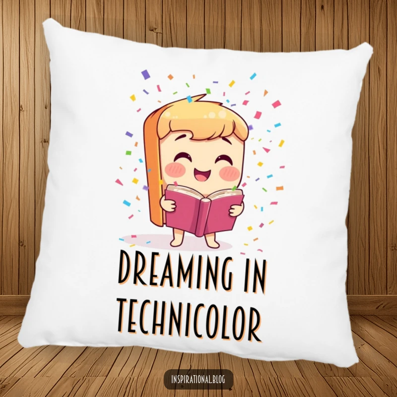 Funny Pillow with a smiling book character launching colorful confetti, providing soft comfort and a humorous decorative touch.