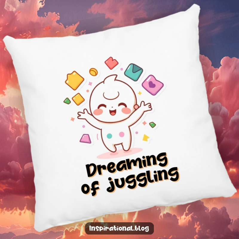 Funny pillow with a cute kawaii character juggling colorful shapes, perfect for cheerful lounging and decor.