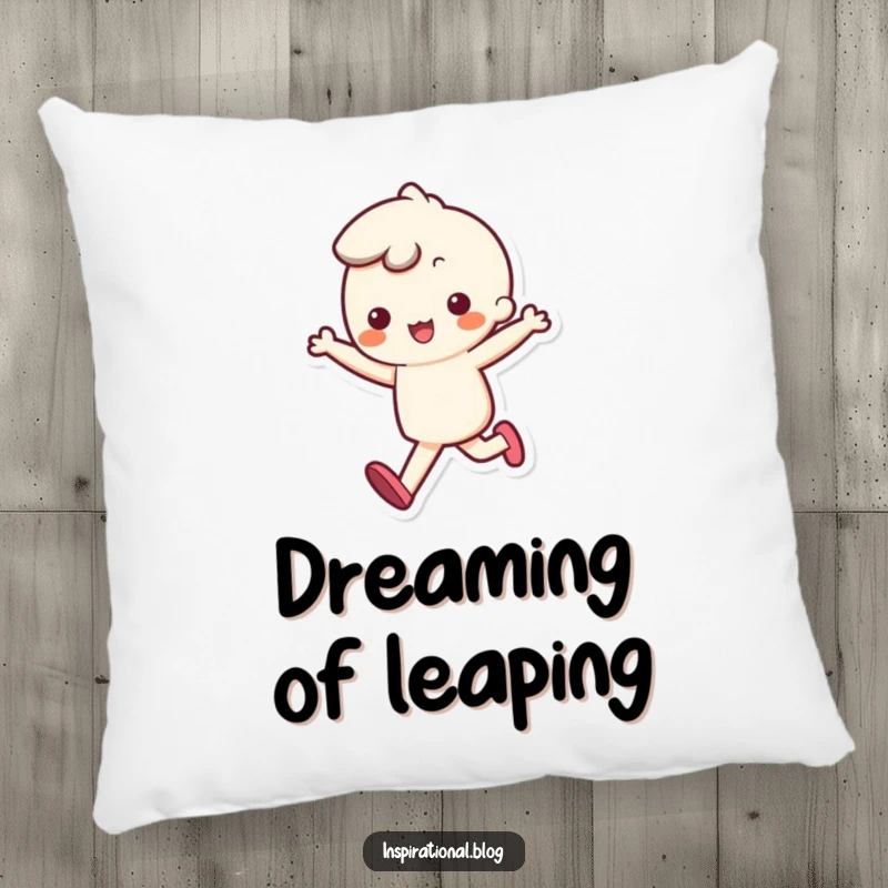 Funny pillow with a cute kawaii character skipping with a bouncy step, perfect for cheerful lounging and comfort.