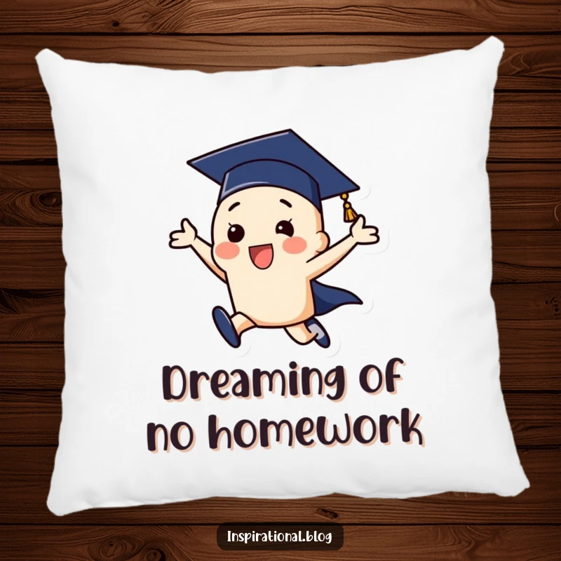 Funny graduation cap character in mid-leap, a soft pillow that brings funny celebration and comfort.