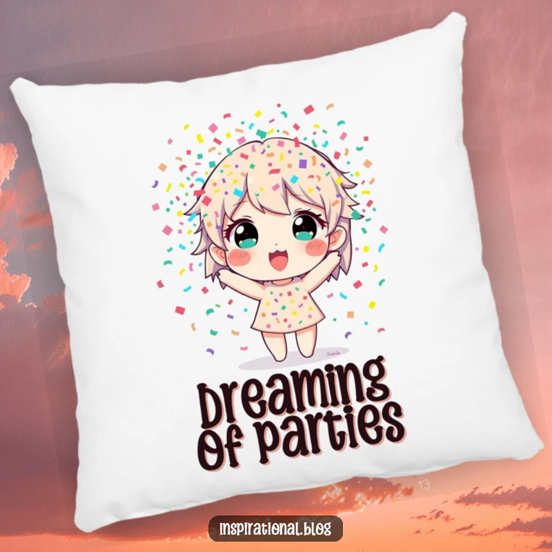 Funny pillow with a character bursting with colorful confetti, perfect for adding comfort and festive flair.