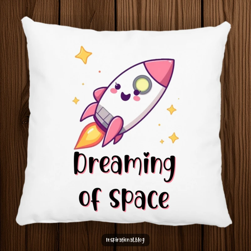 Funny happy rocket ship character designed on a pillow, ready for cosmic adventures.