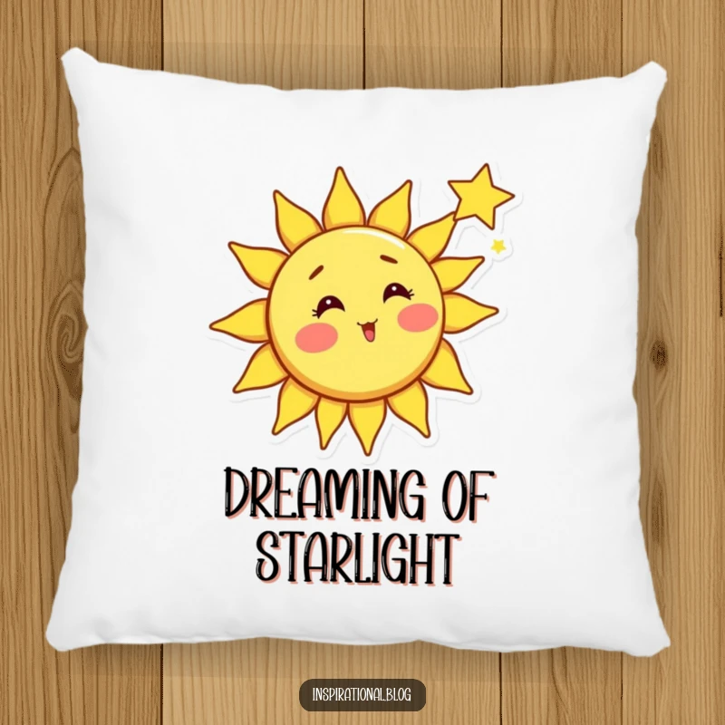 Funny sun pillow, bright sun character with rosy cheeks surprised by a shooting star, comfy celestial art, decorative accent.