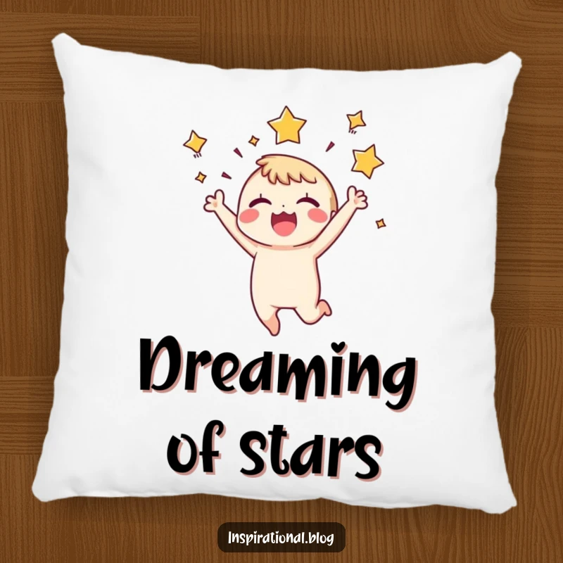 Funny Pillow: A tiny character leaps with explosive joy, stars bursting around its head, bringing a whimsical and ecstatic touch to your decor.