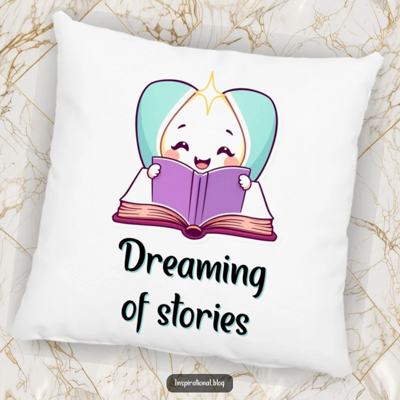Funny smiling book character designed on a pillow, radiating light and comfort.