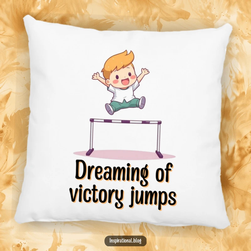 Funny pillow featuring a character joyfully leaping over a hurdle, providing a soft and humorous accent for any room.