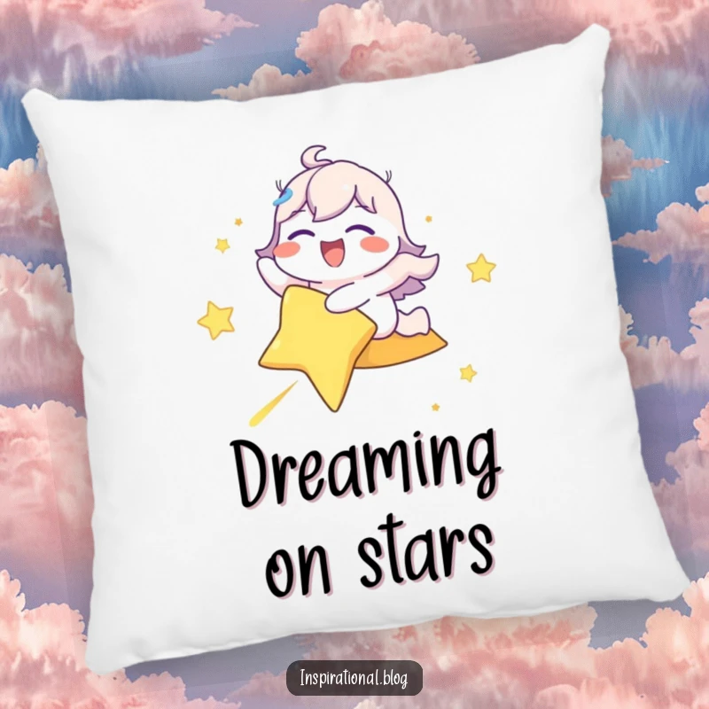 Funny pillow with a happy character eyes closed in delight, riding a shooting star, offering cozy, whimsical comfort.