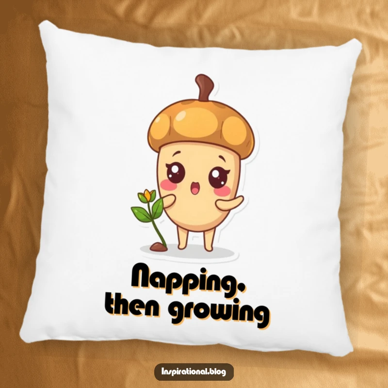 Funny pillow showing a surprised acorn with a tiny, happy sprout emerging, symbolizing growth and comfort.