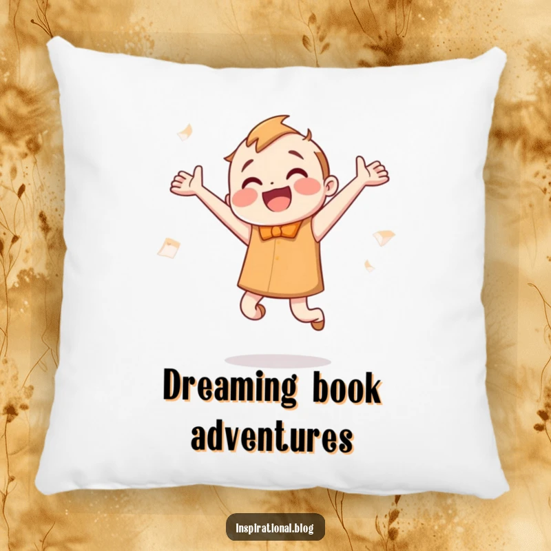 Funny Pillow: A happy, smiling book character jumps enthusiastically, pages fluttering, bringing literary cheer to comfort.