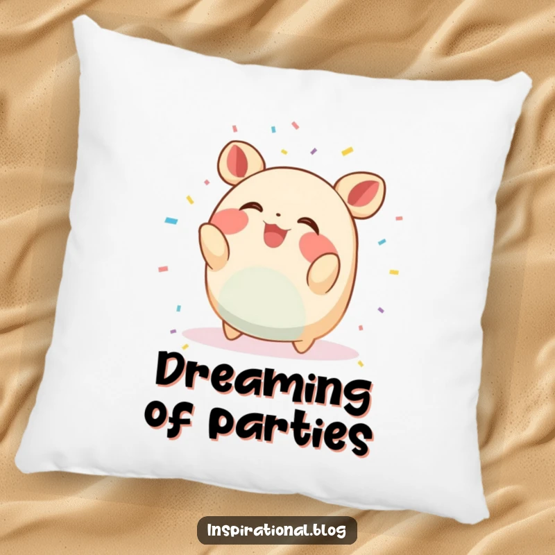 Funny Pillow: A small, round creature throws confetti and giggles, offering comfort and a touch of playful delight.