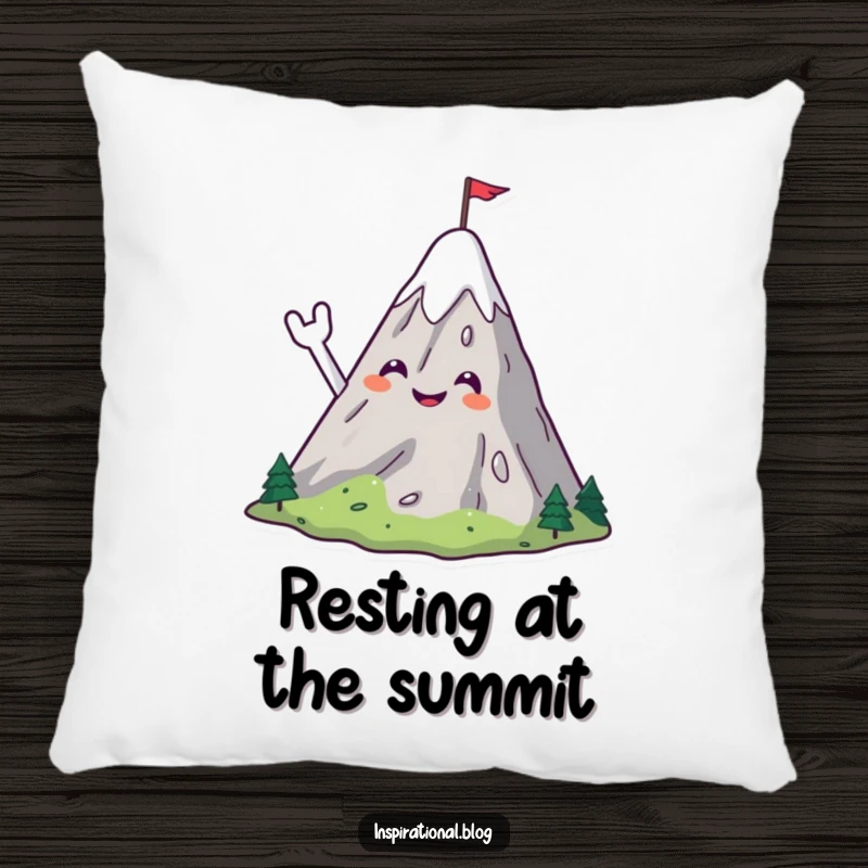 Funny plush pillow featuring a smiling mountain character cheerfully waving with a small flag on its peak, offering comfort.