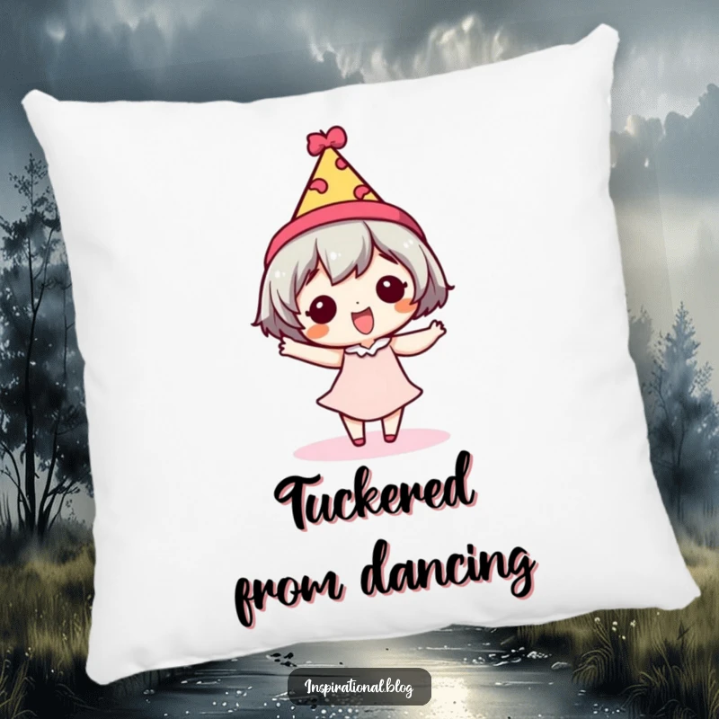 Funny pillow featuring a tiny character doing a silly dance in a festive hat, perfect for cozying up.
