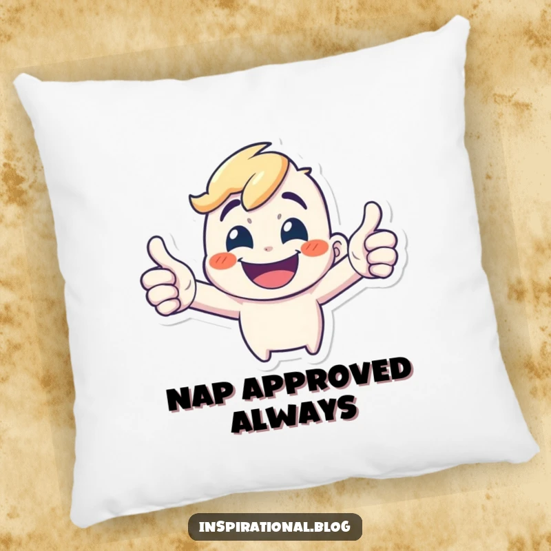 Funny Pillow: A tiny, energetic character gives a wide grin and a double thumbs-up, offering cheerful comfort.
