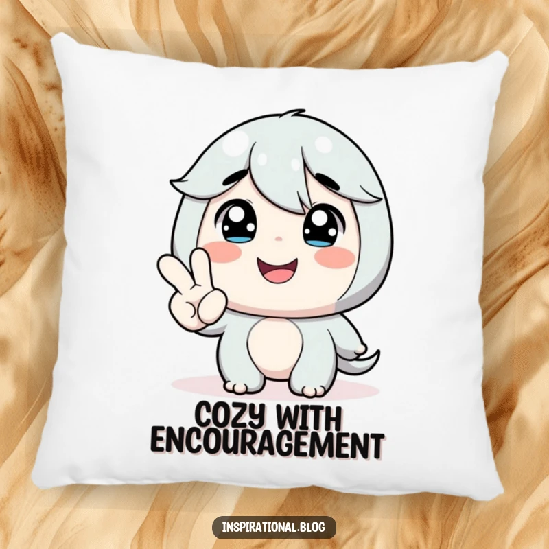Funny pillow featuring a character smiling at a tiny hand offering encouragement, perfect for adding a cheerful and comforting touch.