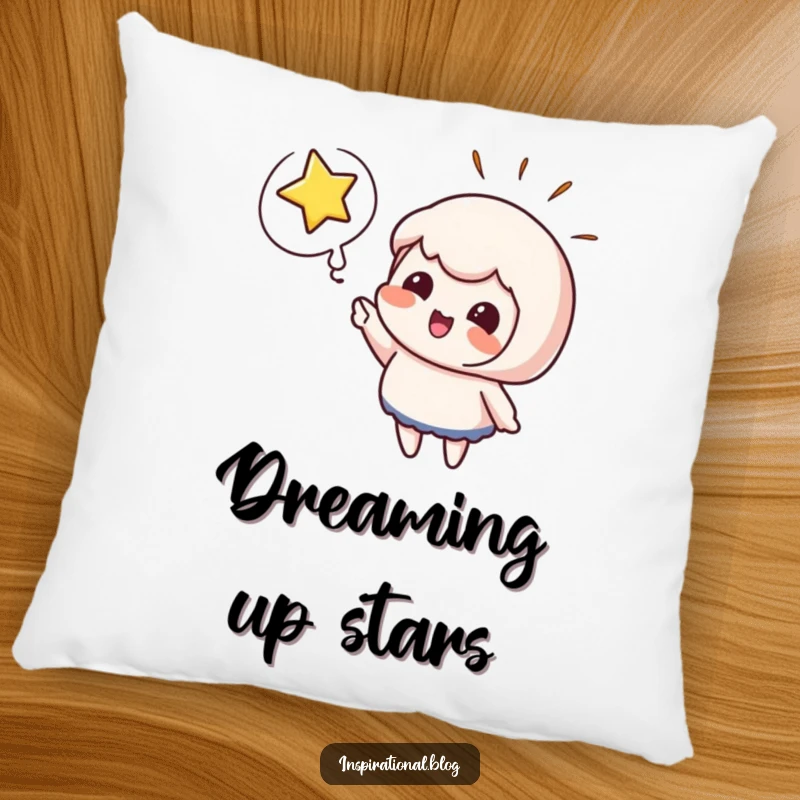 Funny pillow featuring a cute character pointing at a bursting star with a thought bubble. Soft, cozy, and inspiring.