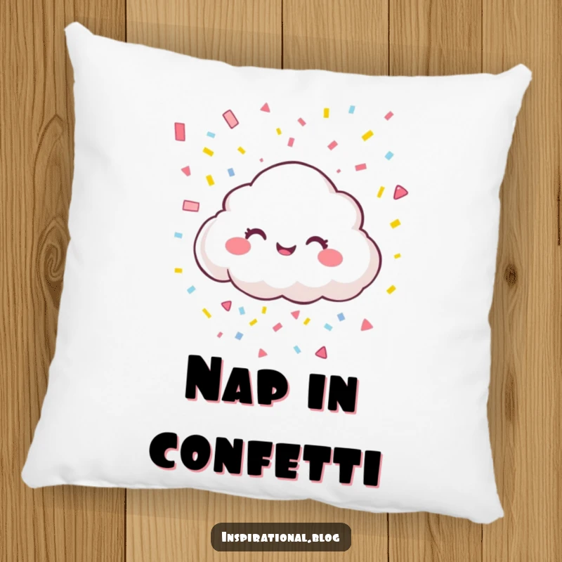 Funny pillow featuring a giggling cloud character raining colorful confetti, offering plush comfort and a shower of festive cheer.